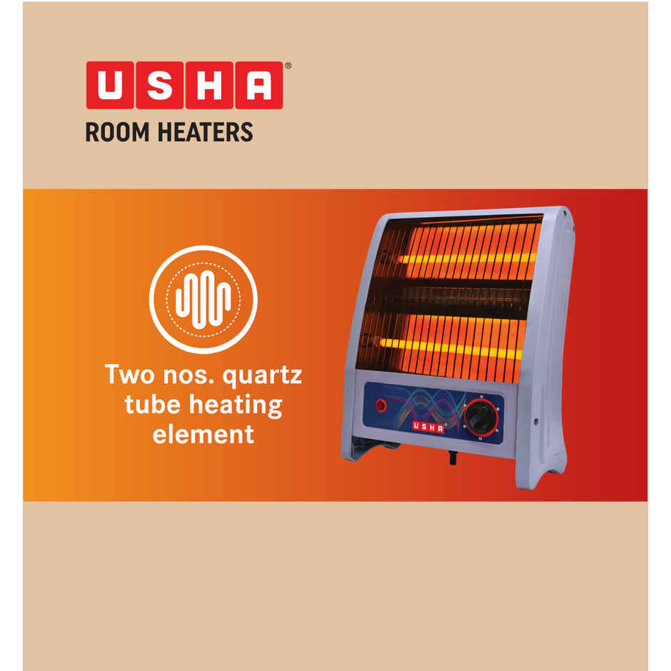Usha 4302 Quartz 800W Room Heater, Dual Quartz Tube Heating Element, Sleek Design - Grey