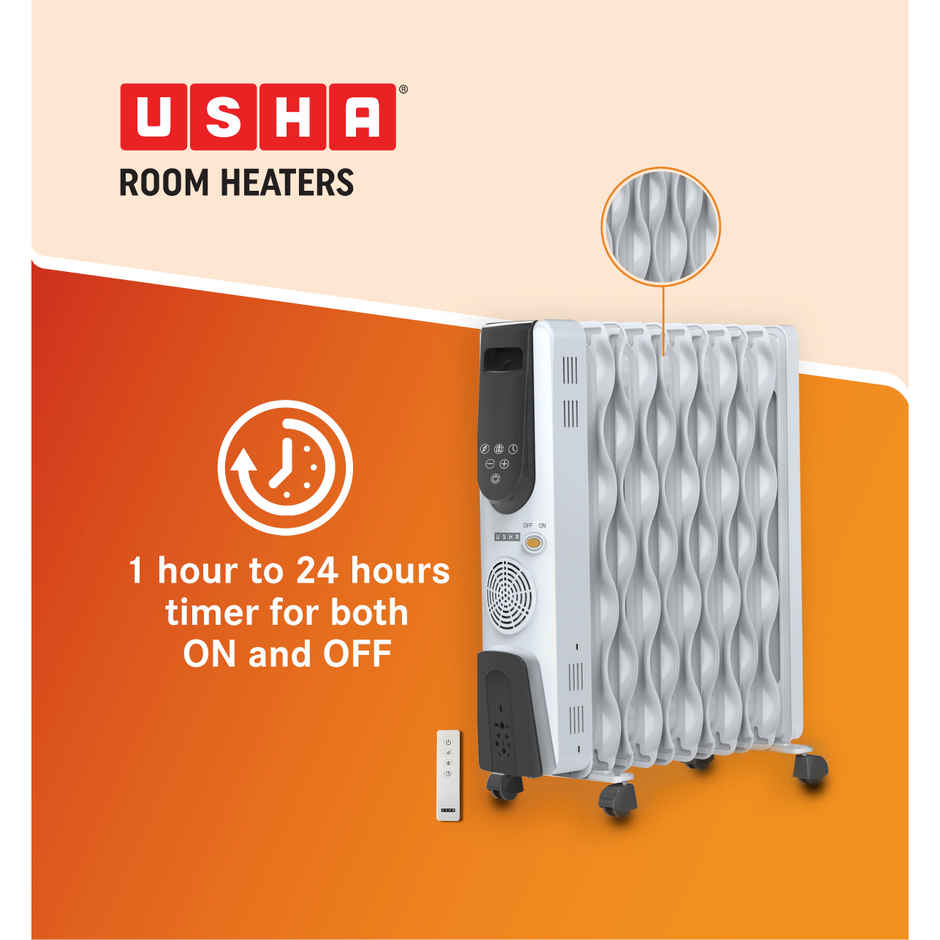 Usha Oil Filled Radiator (2000W, S-Shaped Fins, Touch Panel, Remote Control, Timer, 4309 Fse,White)