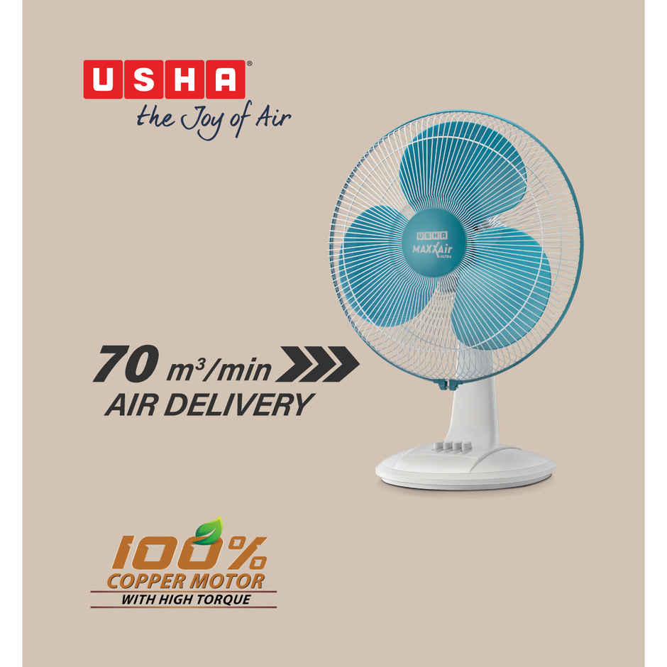 Usha Maxx Air Ultra Table Fan, 400mm, 1350 RPM, 3 Speed Settings, Light Blue