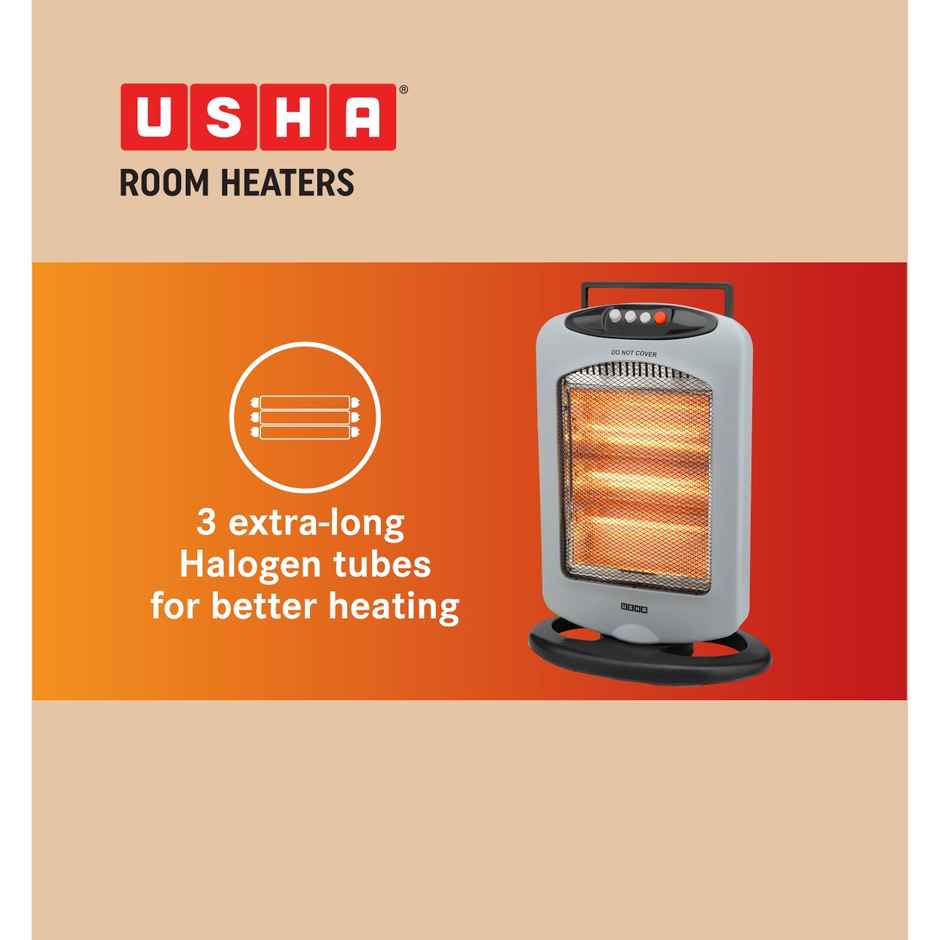 Usha Halogen Room Heater (1200W, 3 Halogen Rods, Oscillation, Carry Handle, Hh4003, White)