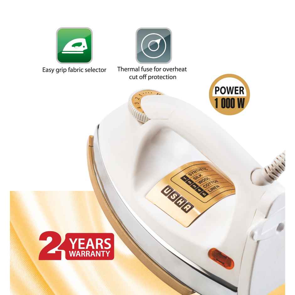 Usha Dry Iron 3710, 1000W, 1.75Kg Heavy Weight Golden Weilburger Soleplate, 360 Swivel Cord, White