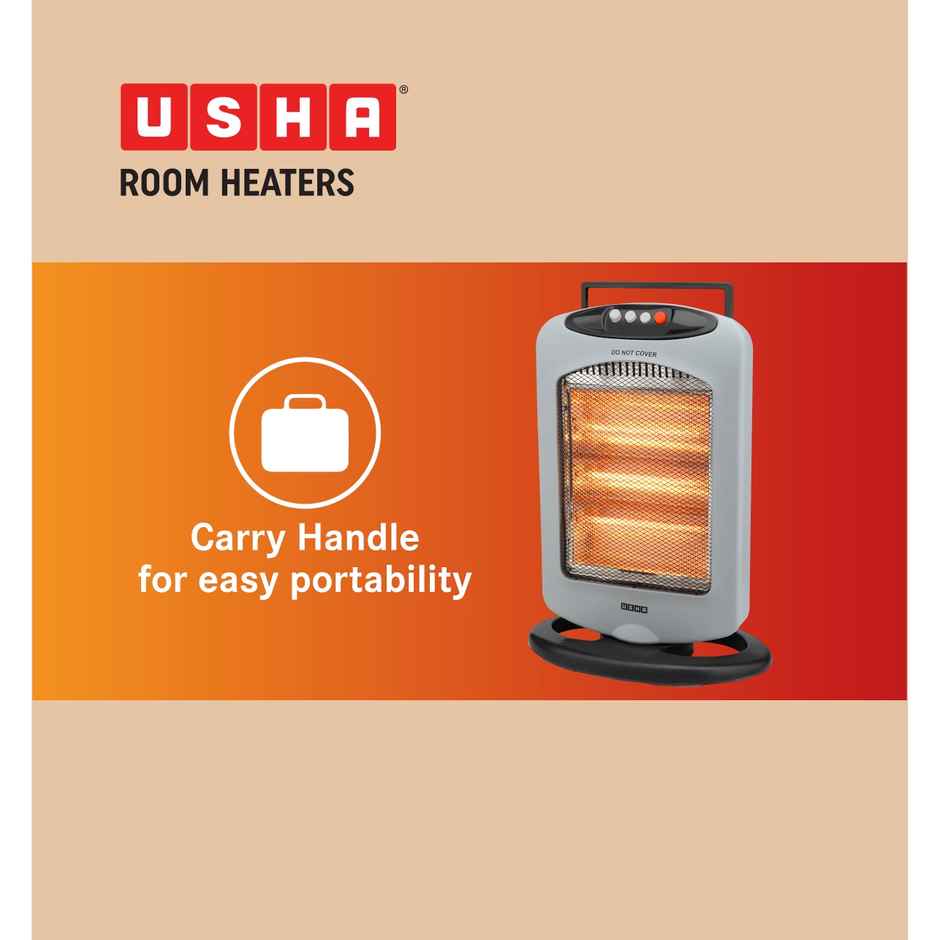 Usha Halogen Room Heater (1200W, 3 Halogen Rods, Oscillation, Carry Handle, Hh4003, White)