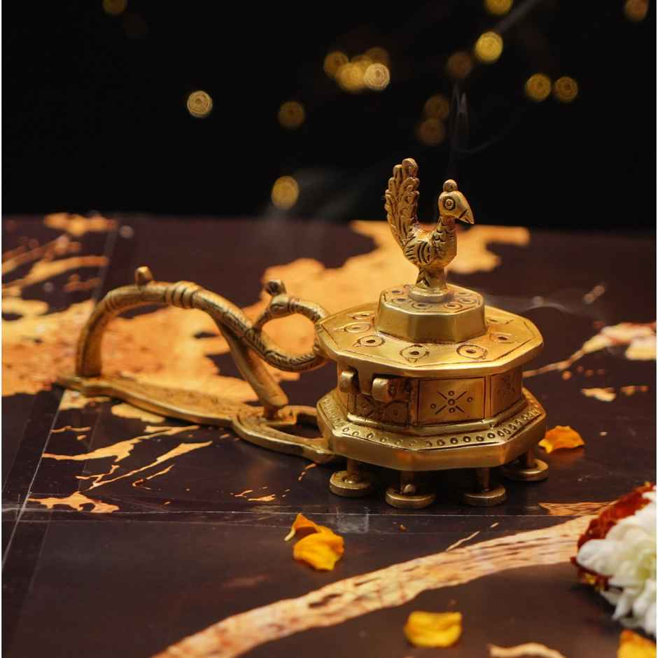 Artistic Brass Peacock incense Burner | Golden | Diya-Pooja | Servdharm