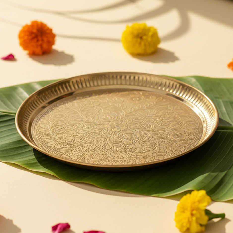 Pure Brass Floral Etchings Pooja Thali | 9 inch | ServDharm