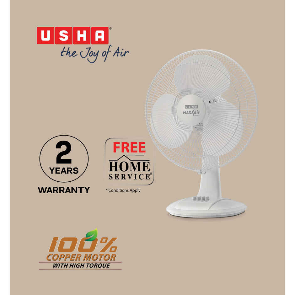 Usha Maxx Air Ultra Table Fan, 400mm, 1350 RPM, 3 Speed Settings, 100% Copper Motor, White