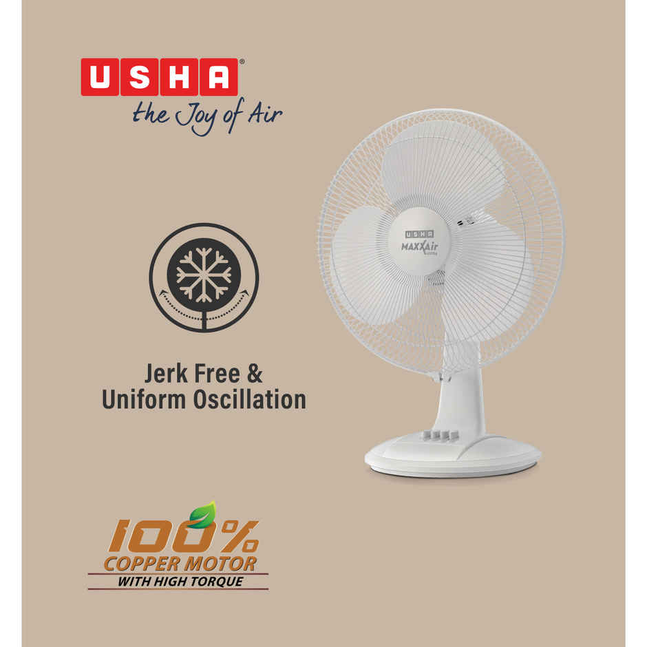 Usha Maxx Air Ultra Table Fan, 400mm, 1350 RPM, 3 Speed Settings, 100% Copper Motor, White