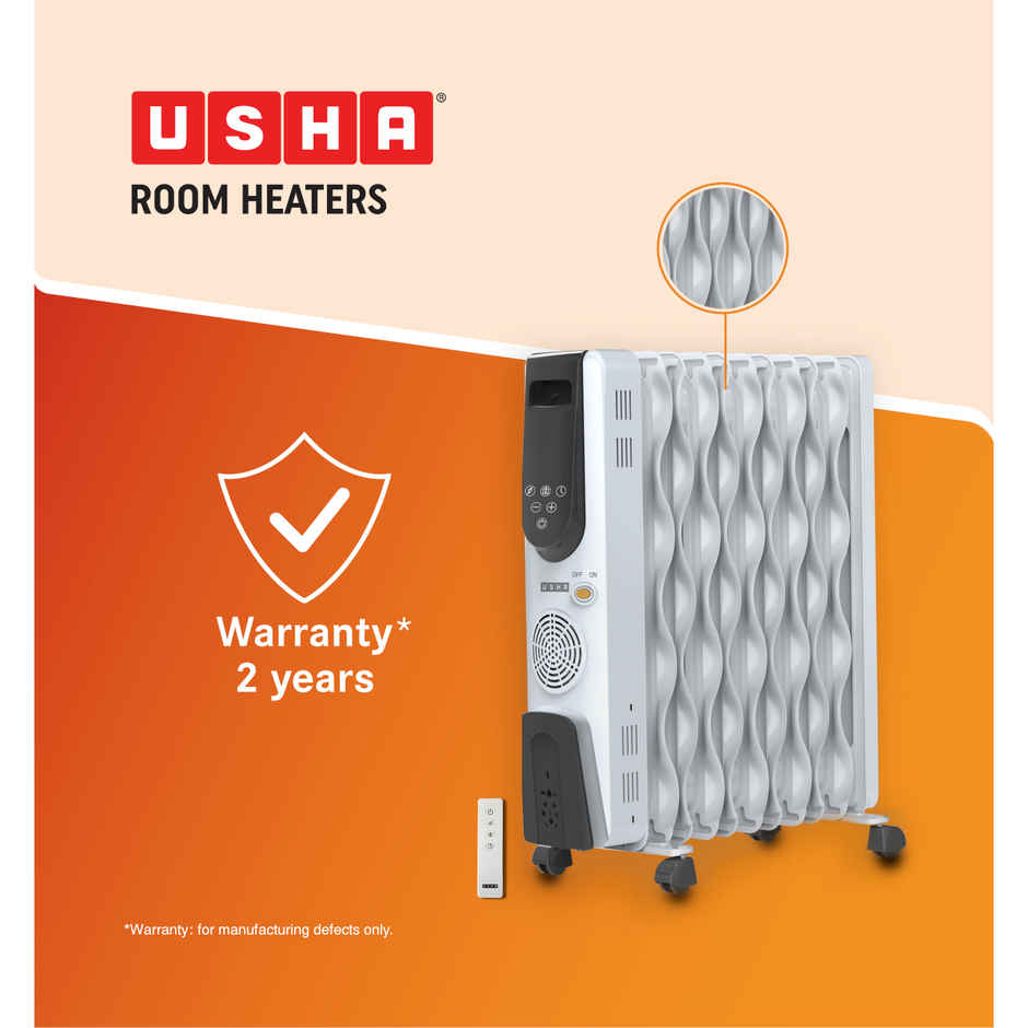 Usha Oil Filled Radiator (2000W, S-Shaped Fins, Touch Panel, Remote Control, Timer, 4309 Fse,White)