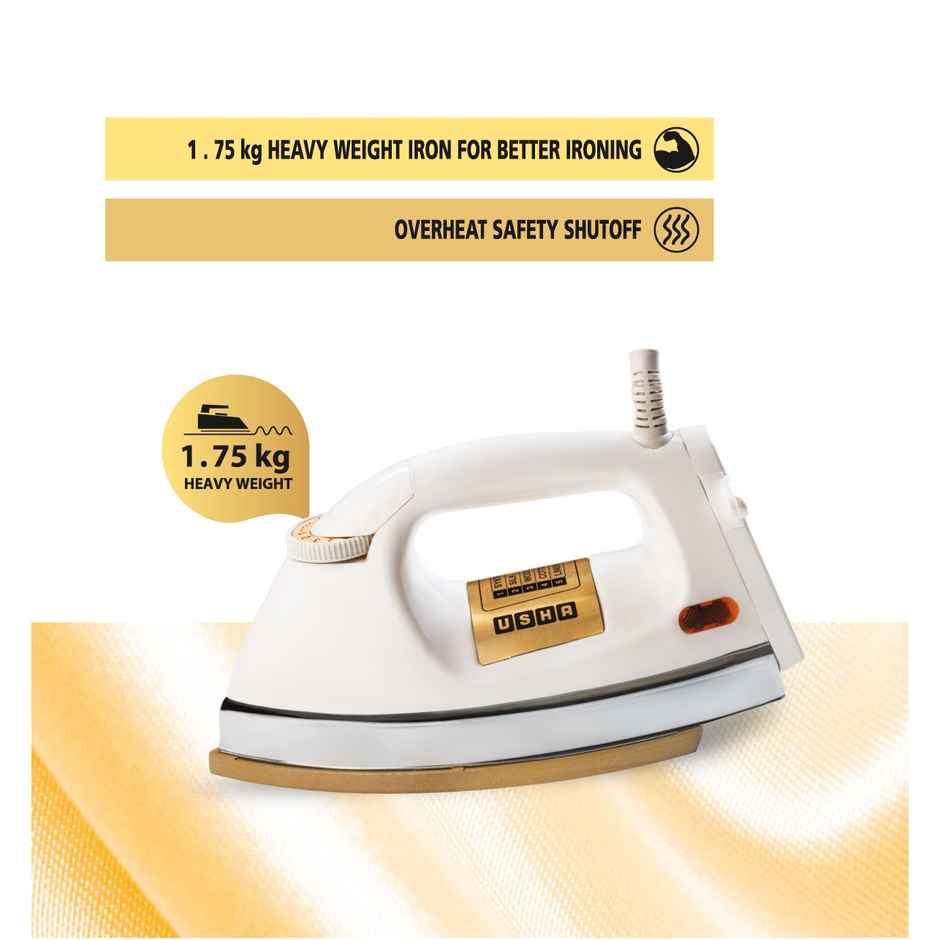 Usha Dry Iron 3710, 1000W, 1.75Kg Heavy Weight Golden Weilburger Soleplate, 360 Swivel Cord, White