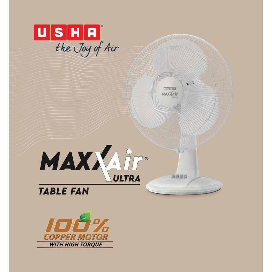 Usha Maxx Air Ultra Table Fan, 400mm, 1350 RPM, 3 Speed Settings, 100% Copper Motor, White