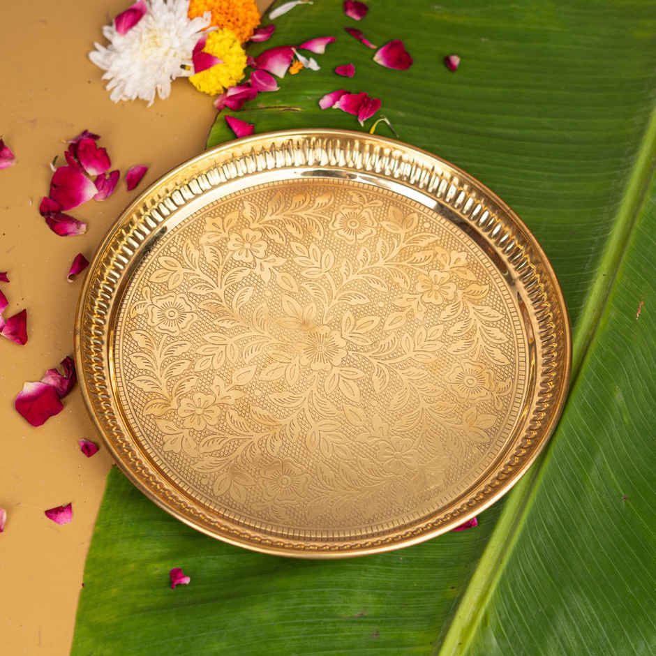Pure Brass Floral Etchings Pooja Thali | 9 inch | ServDharm