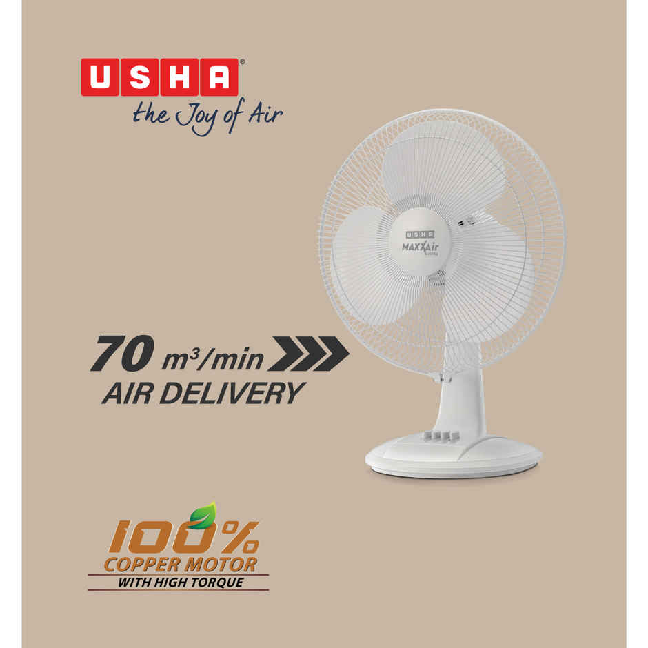 Usha Maxx Air Ultra Table Fan, 400mm, 1350 RPM, 3 Speed Settings, 100% Copper Motor, White