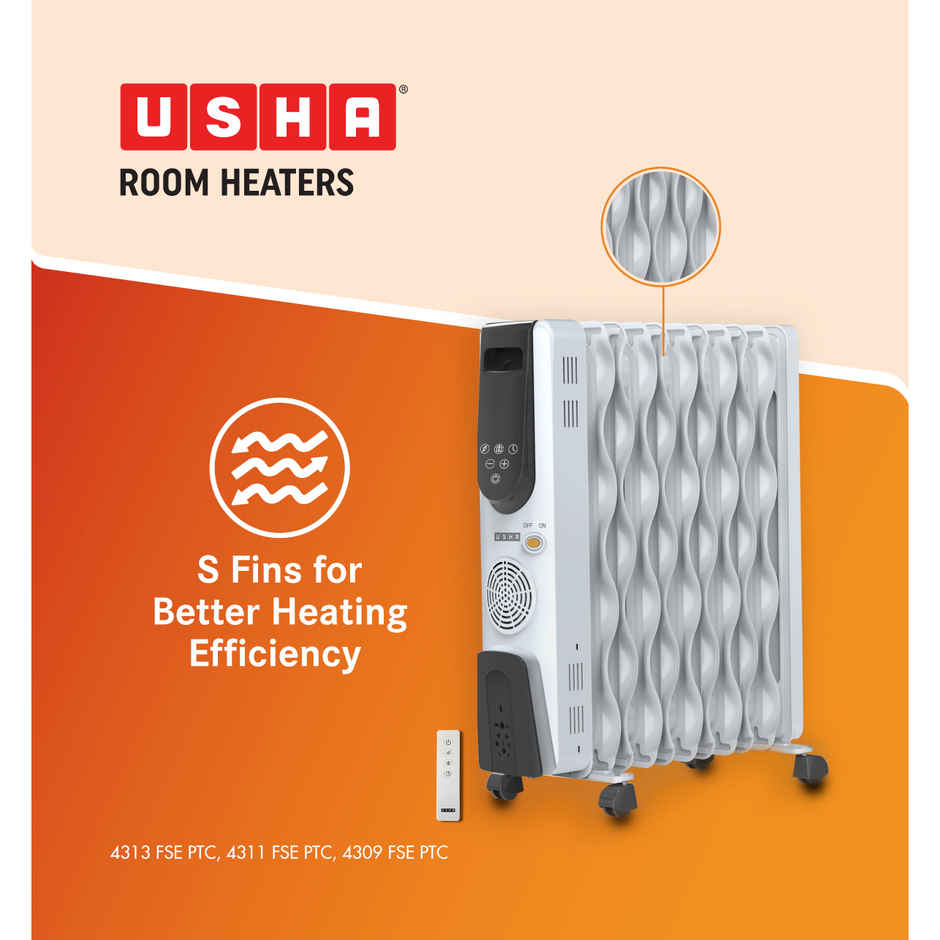 Usha Oil Filled Radiator (2000W, S-Shaped Fins, Touch Panel, Remote Control, Timer, 4309 Fse,White)
