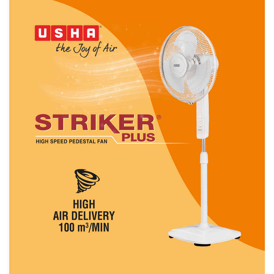 Usha Striker+ Pedestal Fan, 400mm, 2200 RPM, White