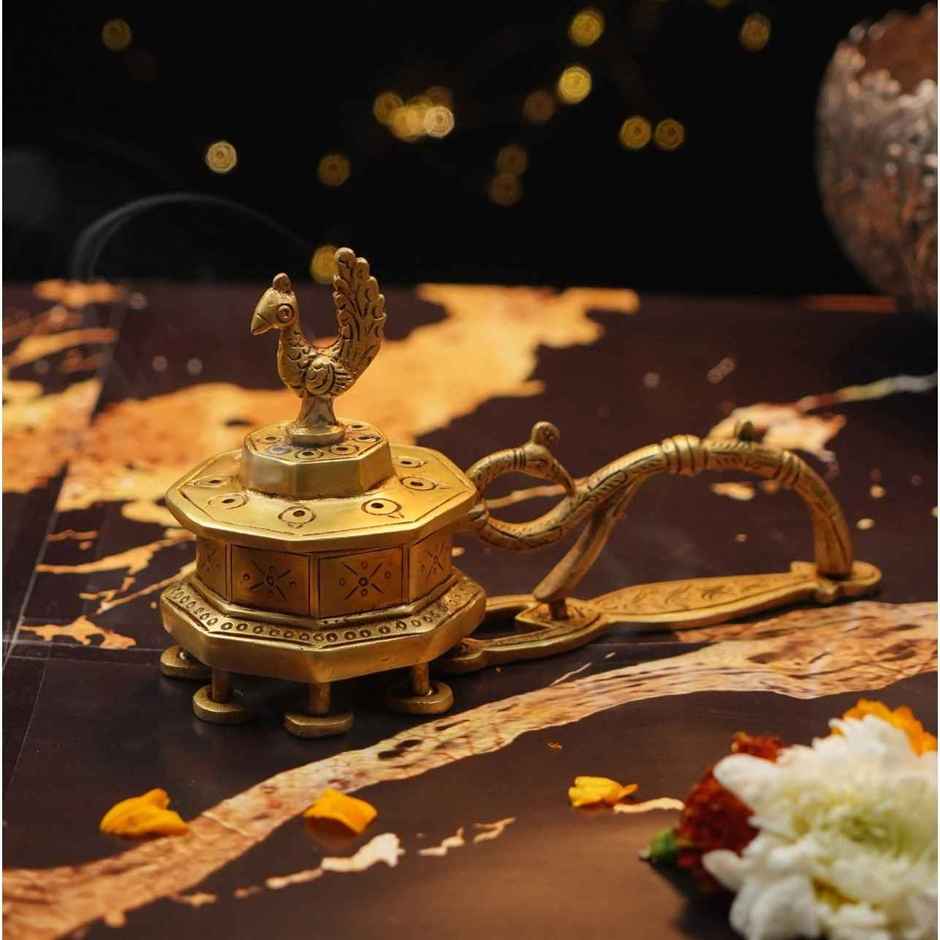 Artistic Brass Peacock incense Burner | Golden | Diya-Pooja | Servdharm