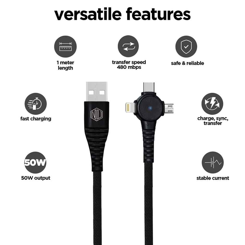 Nu Republic Blaze Trinity 2.0 3-in-one USB Type C Cable 1 m USB-A to Type-C + MicroUSB + Type-L Fast Charge Cable (Compatible with Mobile, Tablet, Laptop) - Black
