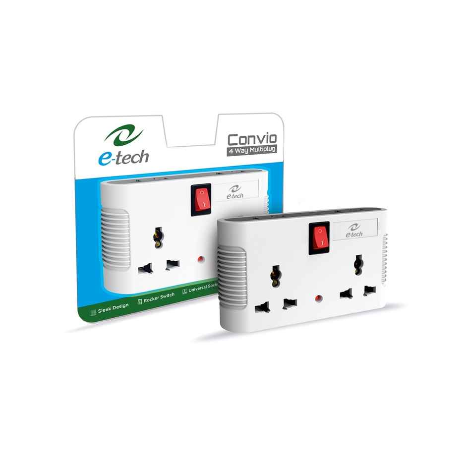 Etech Convio 4 Way Multiplug Adaptor with 2 Universal Sockets |Inbuilt Surge Protection & Power supply Indicator | Compact & Light weight | 6Amp Multiplug socket for Home, Office - White