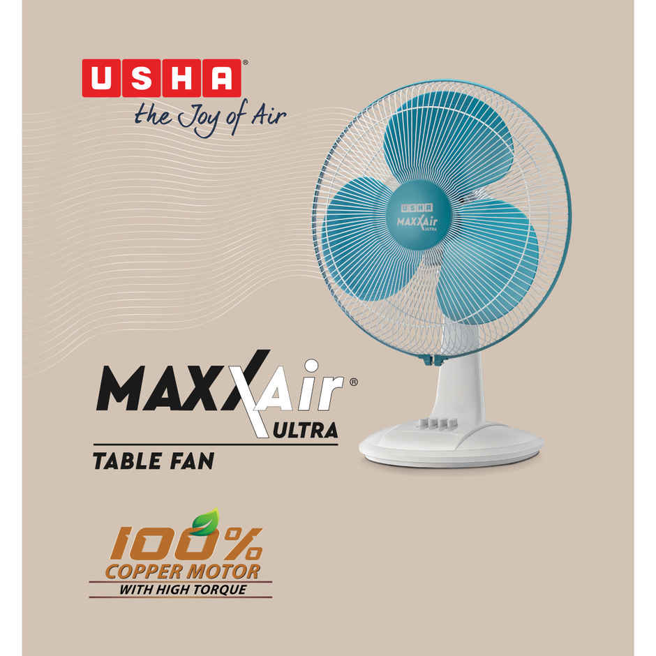 Usha Maxx Air Ultra Table Fan, 400mm, 1350 RPM, 3 Speed Settings, Light Blue