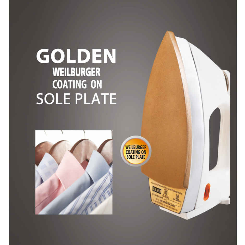 Usha Dry Iron 3710, 1000W, 1.75Kg Heavy Weight Golden Weilburger Soleplate, 360 Swivel Cord, White