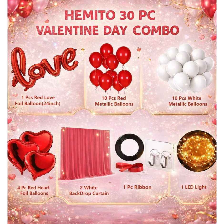 Tent Romantic Decoration Set | Love Foil Balloons, Heart Backdrop, LED Lights | Hemito
