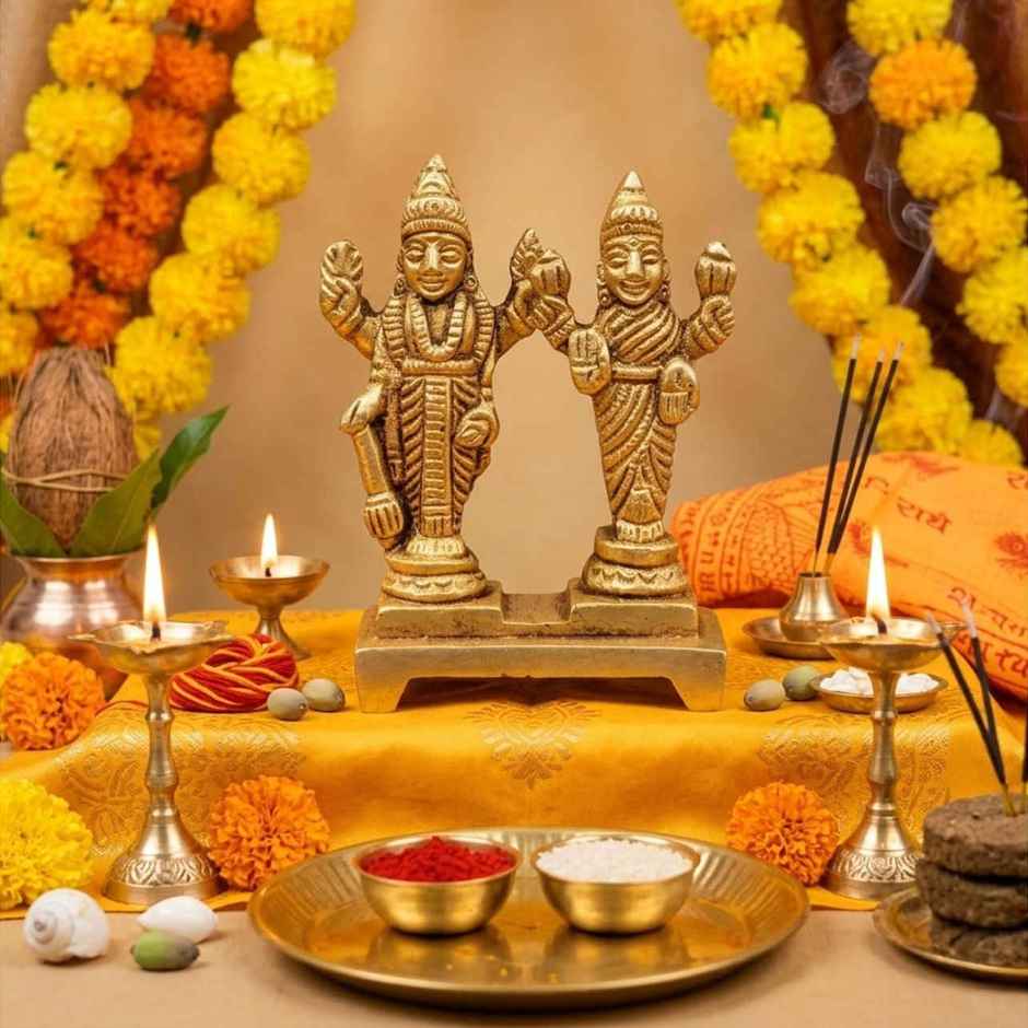 Lakshmi Vishnu Idol for Pooja | 2.5 Inch | Brass | 100 g | ServDharm