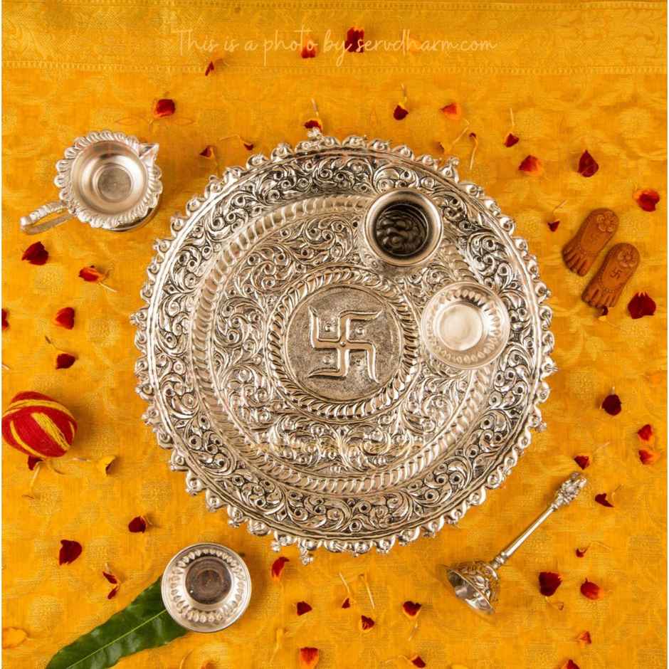 Servdharm Intricately Designed Silver Plated Pooja Thali Set With Floral Patterns