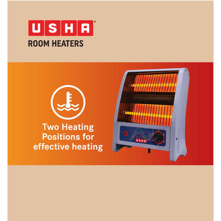 Usha 4302 Quartz 800W Room Heater, Dual Quartz Tube Heating Element, Sleek Design - Grey