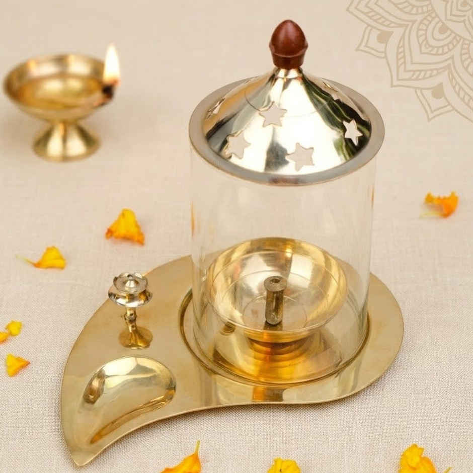 Brass And Glass Akhand Diya With Agarbatti Stand | Gold | ServDharm