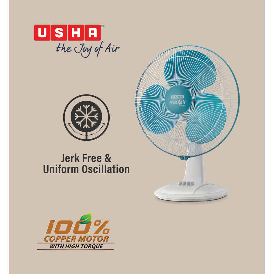 Usha Maxx Air Ultra Table Fan, 400mm, 1350 RPM, 3 Speed Settings, Light Blue