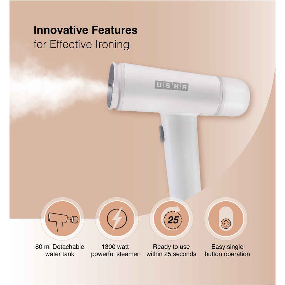 Usha Garment Steamer Techne 500 (1300W, Continious Steam Output Up To 20G/Min, 80Ml Tank, White)