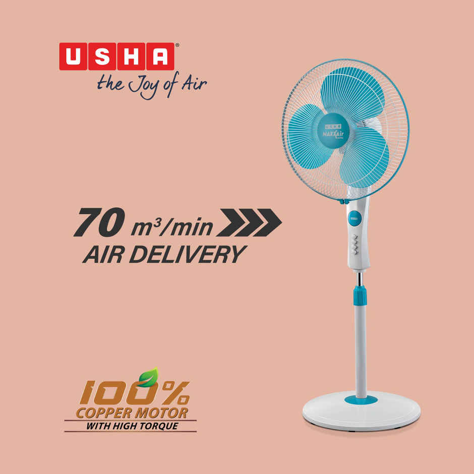 USHA Maxx Air Ultra Pedestal Fan, 400mm, 1350 RPM, Anti - Rust Protection, Copper Motor, Light Blue