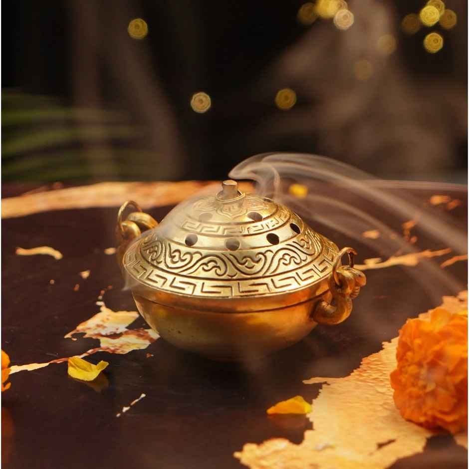 Brass Dhoop Dani incense Burner for Pooja With Handle | Gold | Diya-Pooja | Servdharm