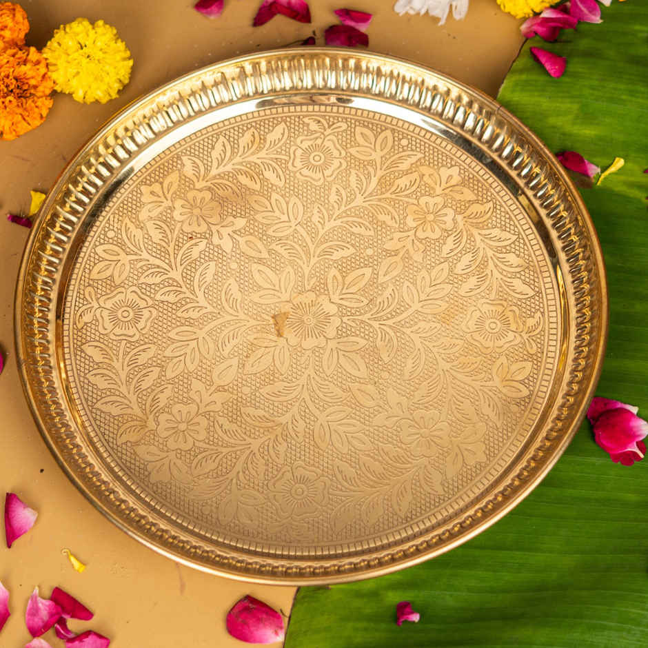 Pure Brass Floral Etchings Pooja Thali | 9 inch | ServDharm
