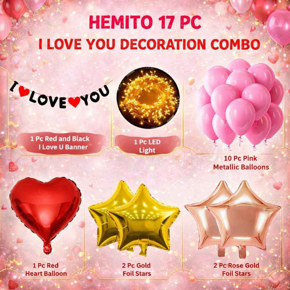 Romantic Decoration Kit | I Love You Banner Balloons, Foil Heart LED Light | Hemito