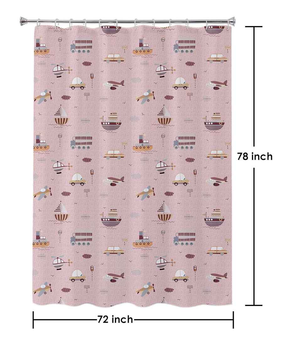 Lushomes Shower Curtain - Kids Printed Pink Travel | 12 Eyelets | 12 Hooks | 6 x 6.5 ft