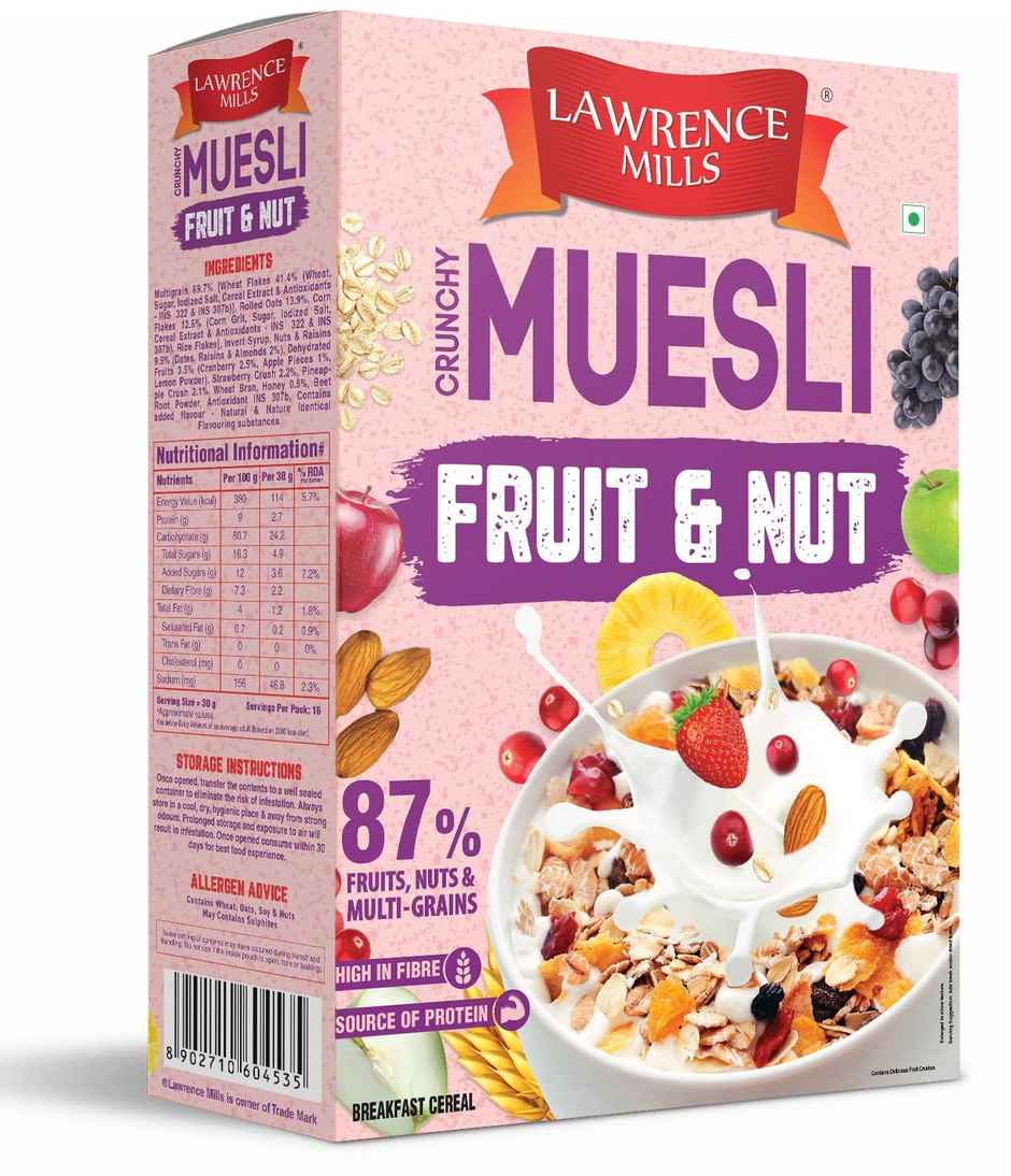 Lawrence Mills Crunchy Fruit & Nut Muesli 87% Fruits Nuts & Multi-Grains