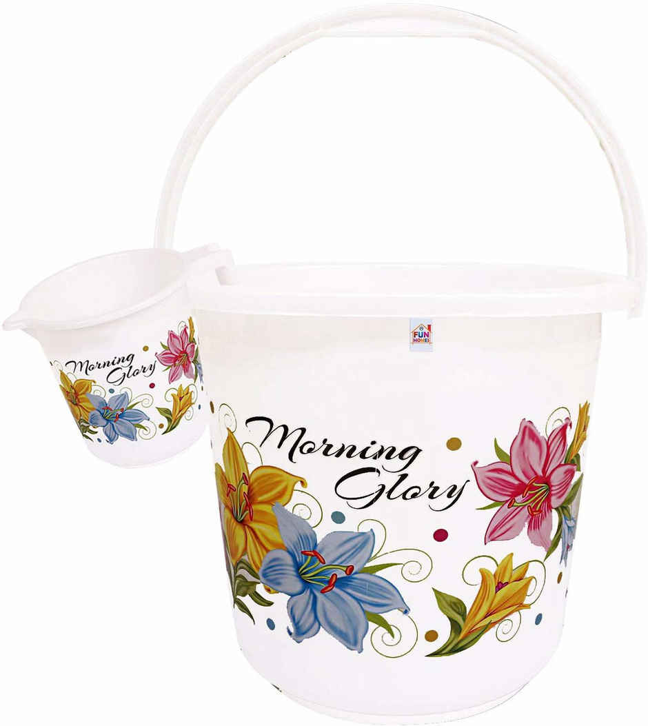 Kuber Industries Printed 2 Pieces Plastic Multipurpose Bathroom Bucket & Mug Set (White)