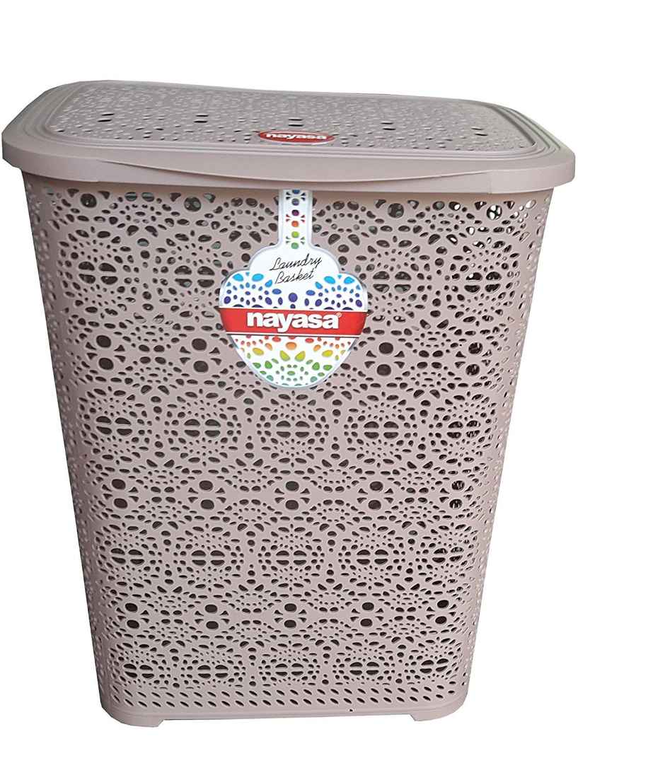 Nayasa Flower Plastic Laundry Basket with Lid for Storage Big | Beige
