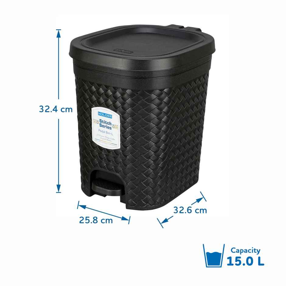 Kolorr Stitch Modern Design 15L Plastic Pedal Waste Bin (Black)