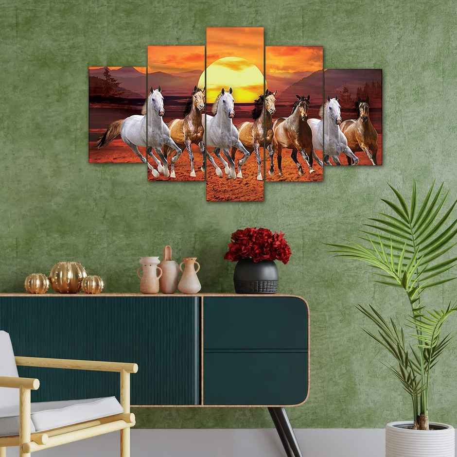 Perpetual Seven Running Horses Painting for Wall Decoration - Set of 5 |75 cm x 43 cm