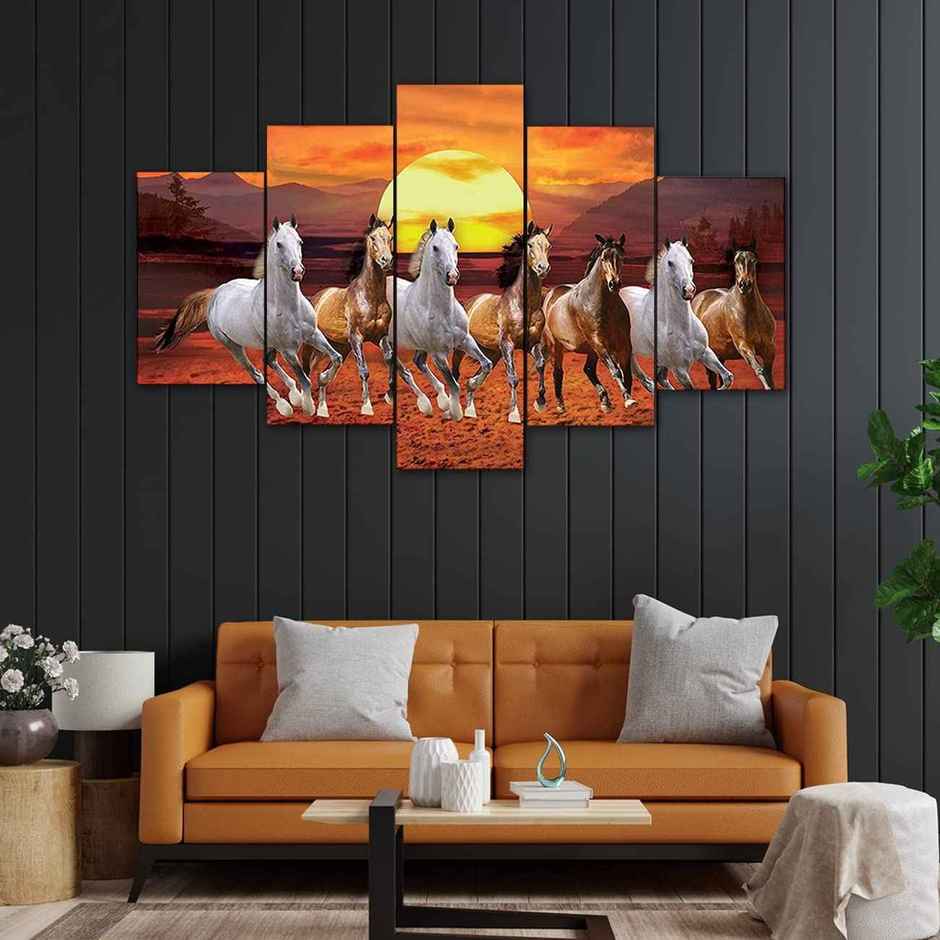 Perpetual Seven Running Horses Painting for Wall Decoration | Set of 5 | 75 cm x 43 cm