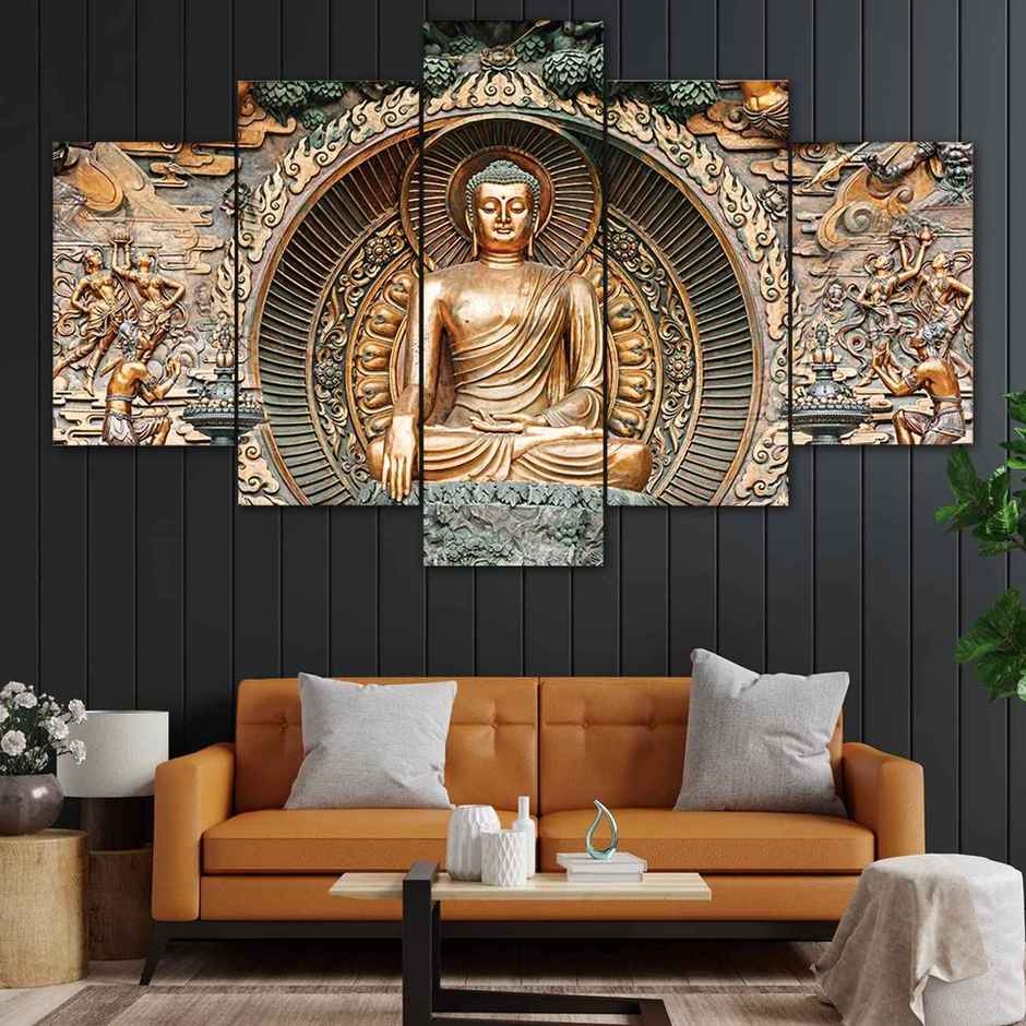 Perpetual Buddha Wall Painting for Living Room | Set of 5 - 3D Scenery | 75 x 43 cm | with Frames