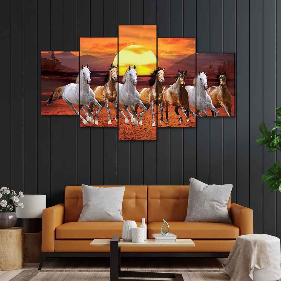 Perpetual Seven Running Horses Painting for Wall Decoration - Set of 5 |75 cm x 43 cm