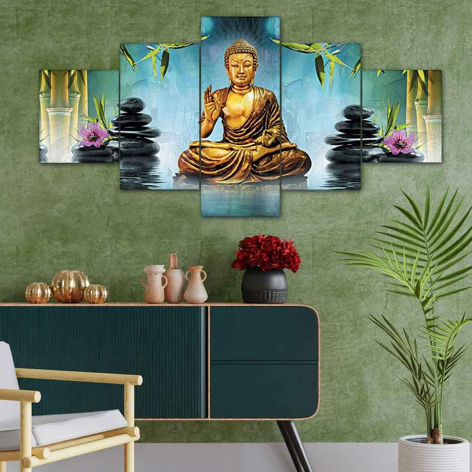 Perpetual Buddha Wall Painting for Living Room - Set of 5 - 3D Scenery | 75 x 43 cm | with Frames