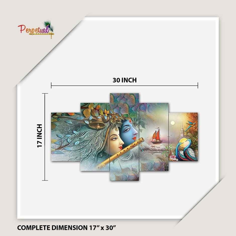 Perpetual Radha Krishna 3D Wall Painting Set of 5 | Framed Decor for Living Room | 75x43 cm