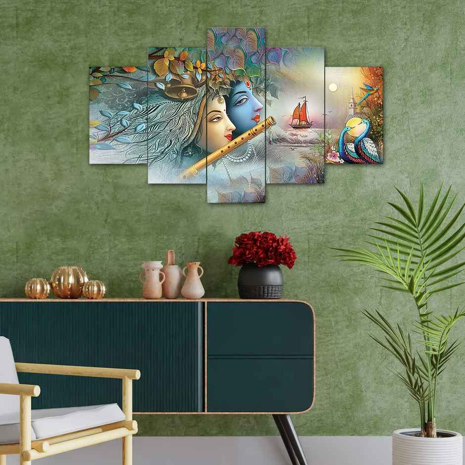 Perpetual Radha Krishna 3D Wall Painting Set of 5 | Framed Decor for Living Room | 75x43 Cm