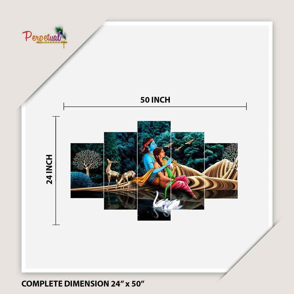 Perpetual Radha Krishna Wall Painting | Set of 5 | Framed Vastu Decor | Living Room | 75x43 Cm