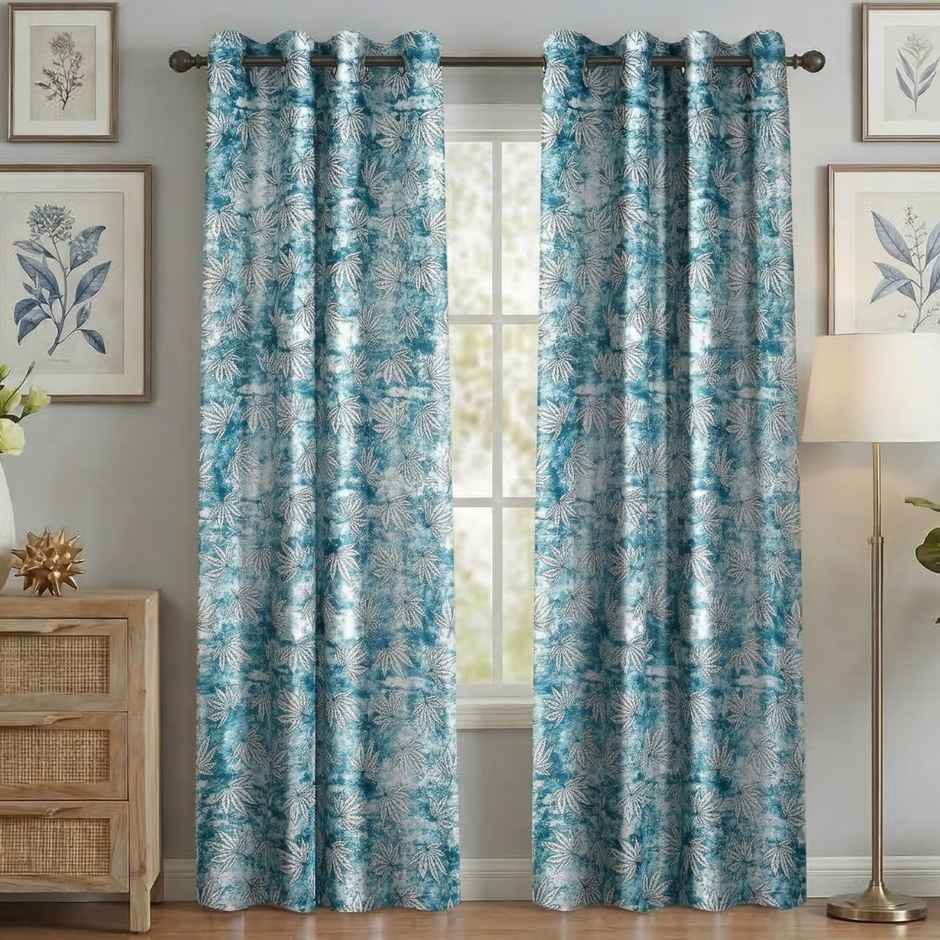 Home Sizzler Leaf Mist Grommet Eyelet Polyester Door Curtains 7 Feet Frosted Aqua