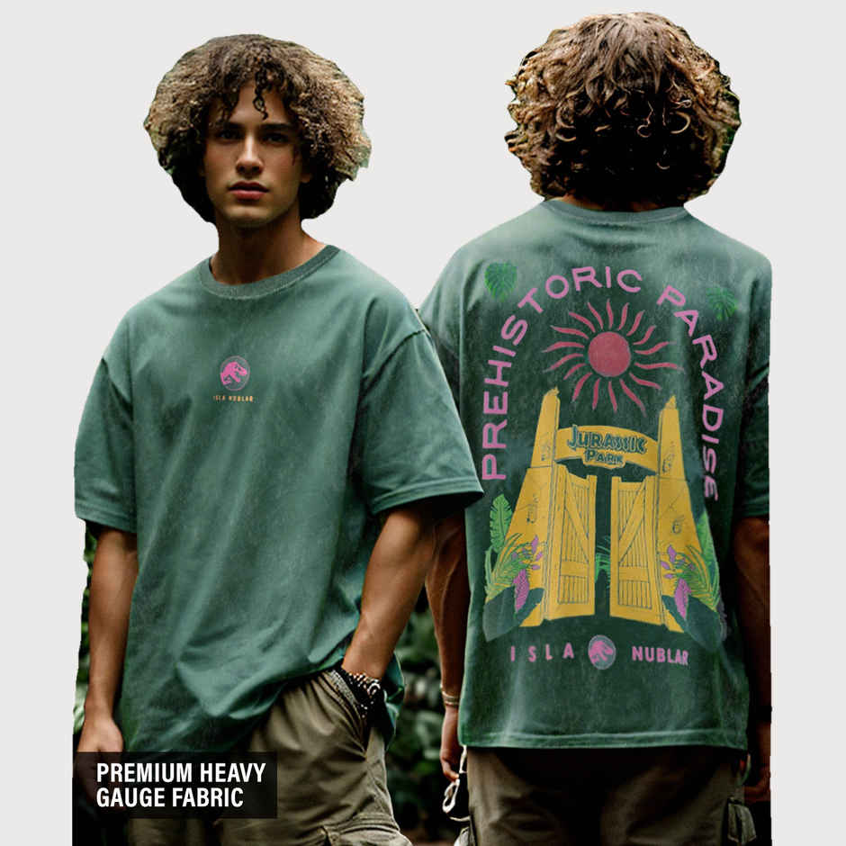 The Souled Store Men's Jurassic Park Prehistoric Paradise Vintage Oversized T-shirt | Green - S