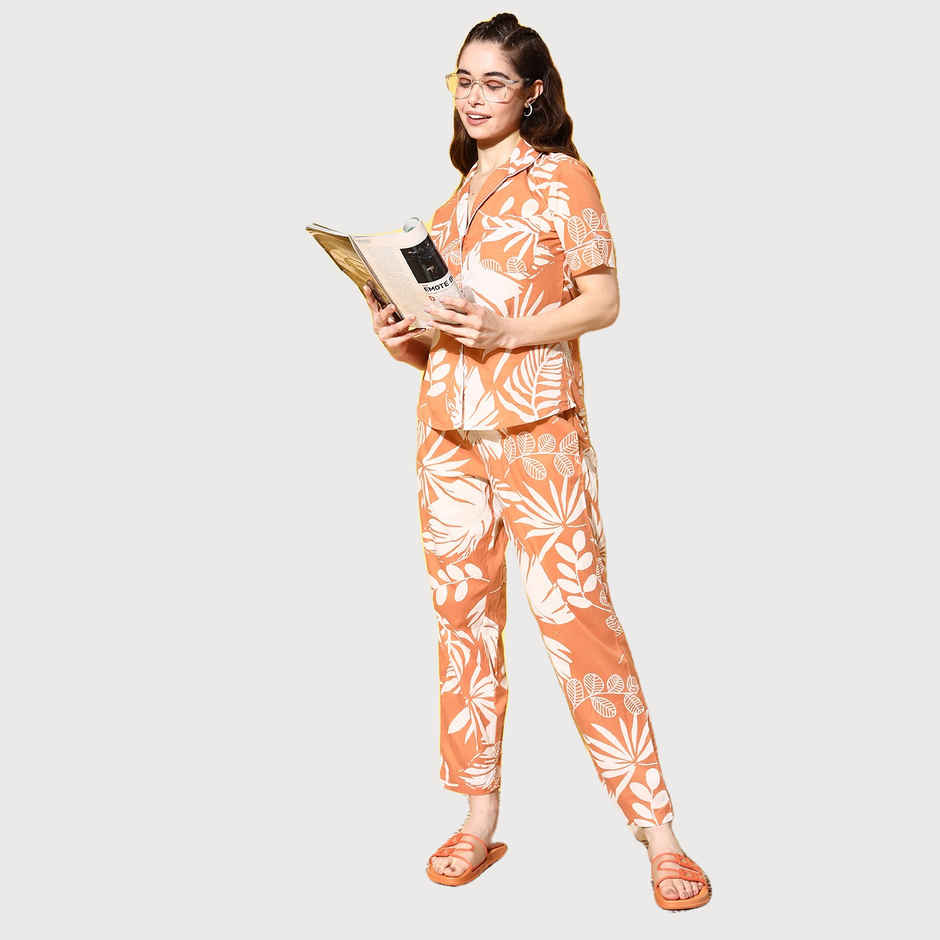 Sanskrutihomes Women Orange & White Pure Cotton Floral Printed Night Suit SE-NSP-92 | S