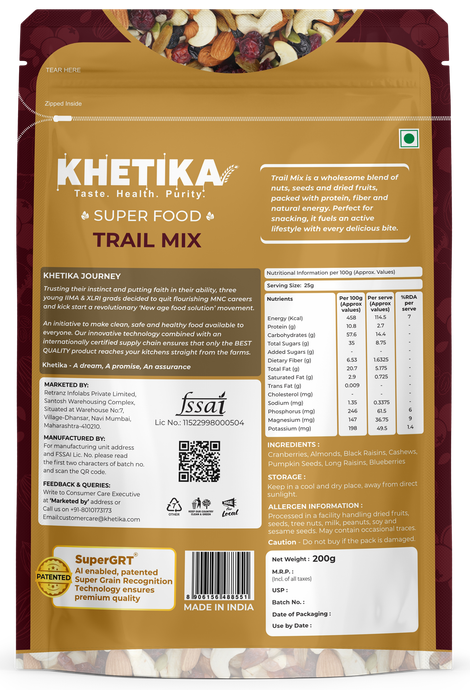 Khetika Trail Mix Dry Fruit- Almonds, Cashews, Cranberries, Blueberries, Black Raisin, Long Raisin, Pumpkin seeds